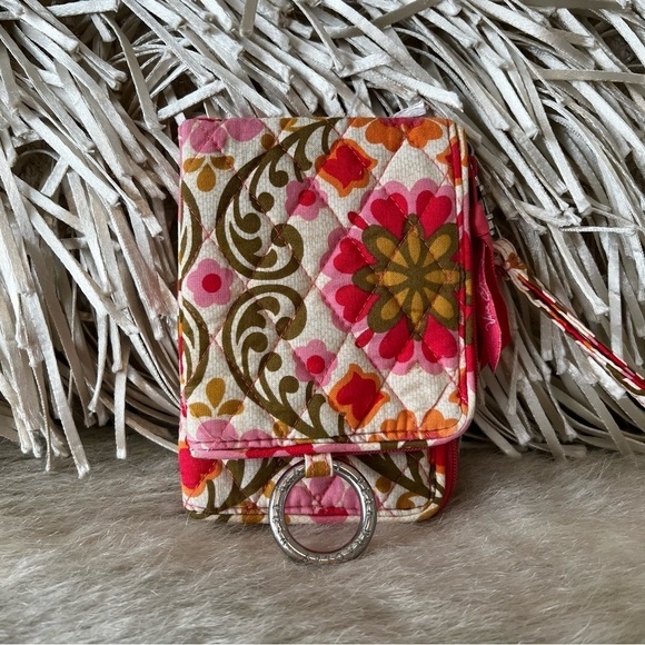 VERA BRADLEY Folkloric Double ID Wristlet Pink Green Floral Travel 2011 Lippies - Picture 1 of 13